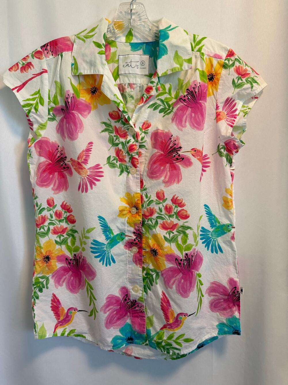The Cat's Pajamas | White Short Sleeved Button Down Shirt Floral Pattern Small